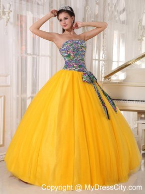 Printing and Tulle Gold Sweet 15 Dresses With Sash For New Arrival