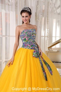 Printing and Tulle Gold Sweet 15 Dresses With Sash For New Arrival