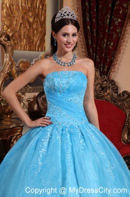 Elegant Strapless Organza Appliques Aqua Blue Quinceanera Gowns