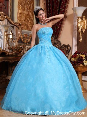 Elegant Strapless Organza Appliques Aqua Blue Quinceanera Gowns