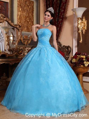 Elegant Strapless Organza Appliques Aqua Blue Quinceanera Gowns