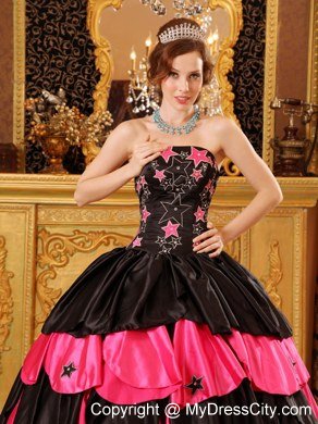 Taffeta Embroidery Strapless Tiered Black and Red Quinceanera Dresses