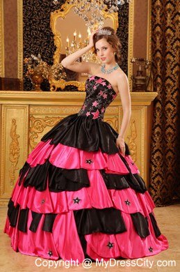 Taffeta Embroidery Strapless Tiered Black and Red Quinceanera Dresses