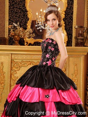 Taffeta Embroidery Strapless Tiered Black and Red Quinceanera Dresses