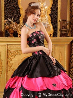 Taffeta Embroidery Strapless Tiered Black and Red Quinceanera Dresses