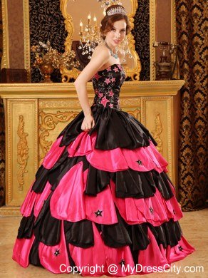 Taffeta Embroidery Strapless Tiered Black and Red Quinceanera Dresses