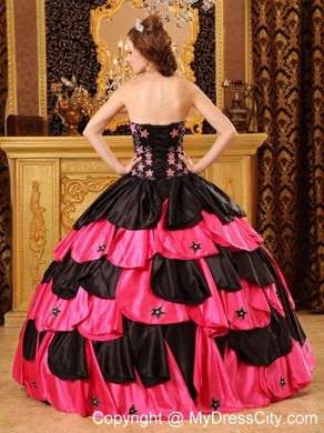 Taffeta Embroidery Strapless Tiered Black and Red Quinceanera Dresses