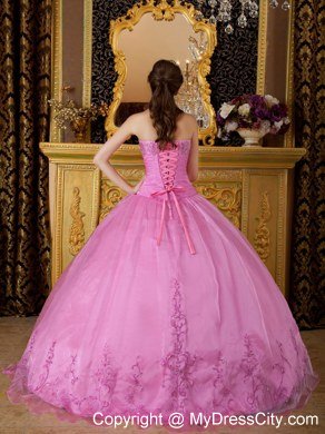 Perfect Sweetheart Embroidery Organza Rose Pink Quinceanera Dresses