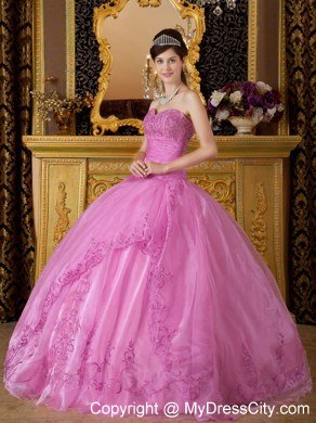 Perfect Sweetheart Embroidery Organza Rose Pink Quinceanera Dresses