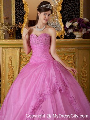 Perfect Sweetheart Embroidery Organza Rose Pink Quinceanera Dresses