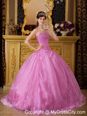 Perfect Sweetheart Embroidery Organza Rose Pink Quinceanera Dresses