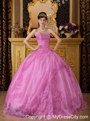 Perfect Sweetheart Embroidery Organza Rose Pink Quinceanera Dresses