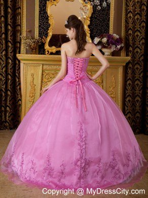 Perfect Sweetheart Embroidery Organza Rose Pink Quinceanera Dresses