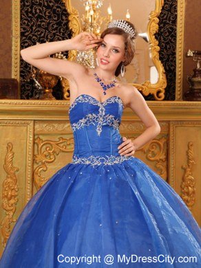 Sweetheart Appliques Organza Blue Quinceanera Gowns For Cheap