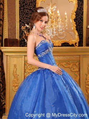 Sweetheart Appliques Organza Blue Quinceanera Gowns For Cheap