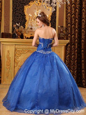 Sweetheart Appliques Organza Blue Quinceanera Gowns For Cheap