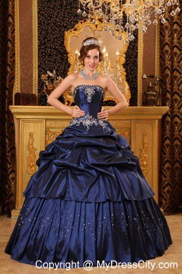 Appliques Strapless 2013 Navy Blue Quinceanera Gowns With Pick Ups