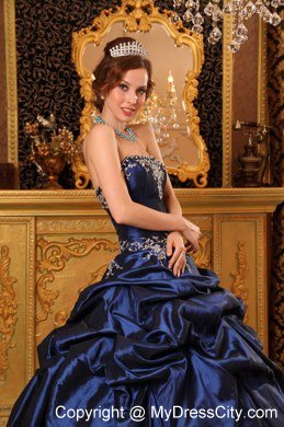 Appliques Strapless 2013 Navy Blue Quinceanera Gowns With Pick Ups