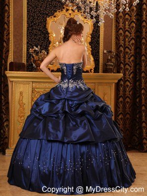 Appliques Strapless 2013 Navy Blue Quinceanera Gowns With Pick Ups