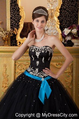 Strapless Appliques 2013 Black Quinceanera Dresses With Blue Sash