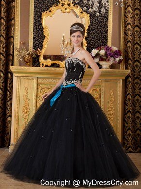 Strapless Appliques 2013 Black Quinceanera Dresses With Blue Sash