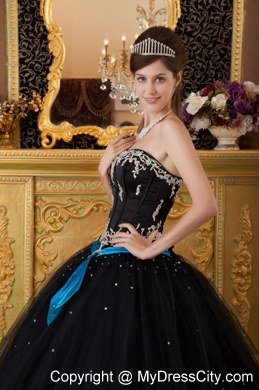 Strapless Appliques 2013 Black Quinceanera Dresses With Blue Sash