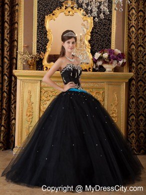 Strapless Appliques 2013 Black Quinceanera Dresses With Blue Sash