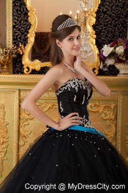 Strapless Appliques 2013 Black Quinceanera Dresses With Blue Sash