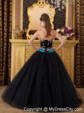 Strapless Appliques 2013 Black Quinceanera Dresses With Blue Sash