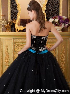 Strapless Appliques 2013 Black Quinceanera Dresses With Blue Sash