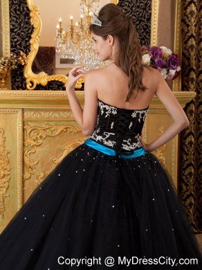 Strapless Appliques 2013 Black Quinceanera Dresses With Blue Sash