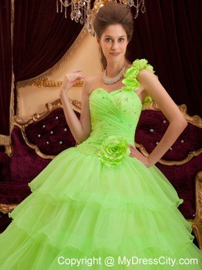 Flower One Shoulder Spring Green Quinceanera Dress with Tiered