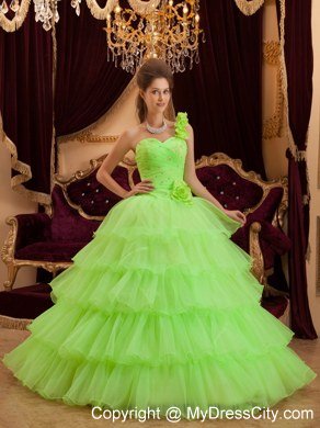 Flower One Shoulder Spring Green Quinceanera Dress with Tiered