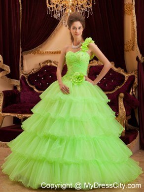 Flower One Shoulder Spring Green Quinceanera Dress with Tiered