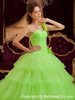 Flower One Shoulder Spring Green Quinceanera Dress with Tiered