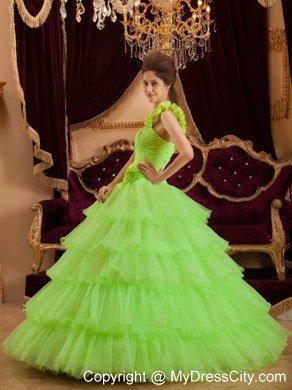 Flower One Shoulder Spring Green Quinceanera Dress with Tiered