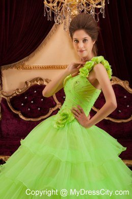 Flower One Shoulder Spring Green Quinceanera Dress with Tiered