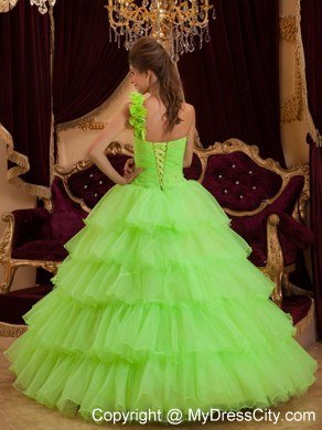 Flower One Shoulder Spring Green Quinceanera Dress with Tiered