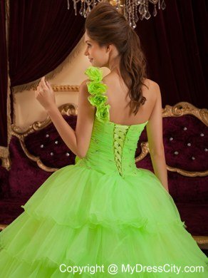 Flower One Shoulder Spring Green Quinceanera Dress with Tiered