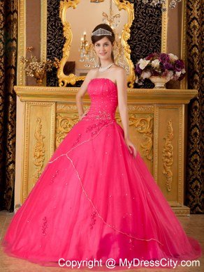 A-line Strapless Appliques Hot Pink Quinceanera Dresses For Cheap