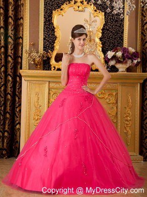 A-line Strapless Appliques Hot Pink Quinceanera Dresses For Cheap