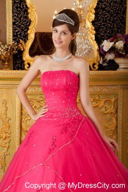 A-line Strapless Appliques Hot Pink Quinceanera Dresses For Cheap