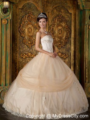 Champagne Strapless Beading Appliques Quinceanera Dress Under 300