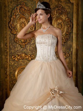 Champagne Strapless Beading Appliques Quinceanera Dress Under 300