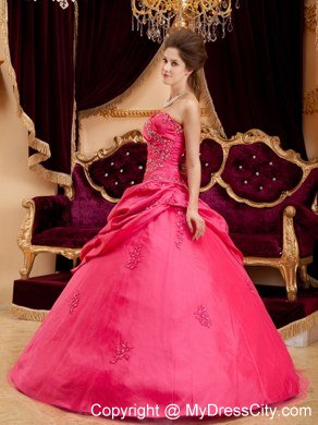 Coral Red Strapless Floor-length Appliques Quinceanera Dress