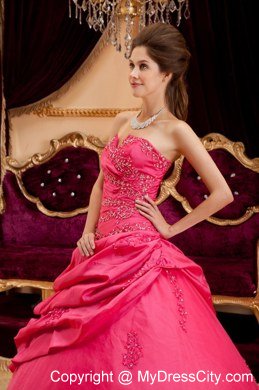 Coral Red Strapless Floor-length Appliques Quinceanera Dress