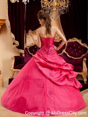 Coral Red Strapless Floor-length Appliques Quinceanera Dress