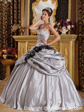 Gray Strapless Beading Appliques Flowers Sleeveless Quinceanera Gown