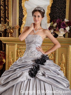 Gray Strapless Beading Appliques Flowers Sleeveless Quinceanera Gown