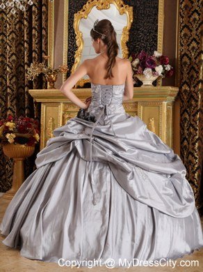 Gray Strapless Beading Appliques Flowers Sleeveless Quinceanera Gown